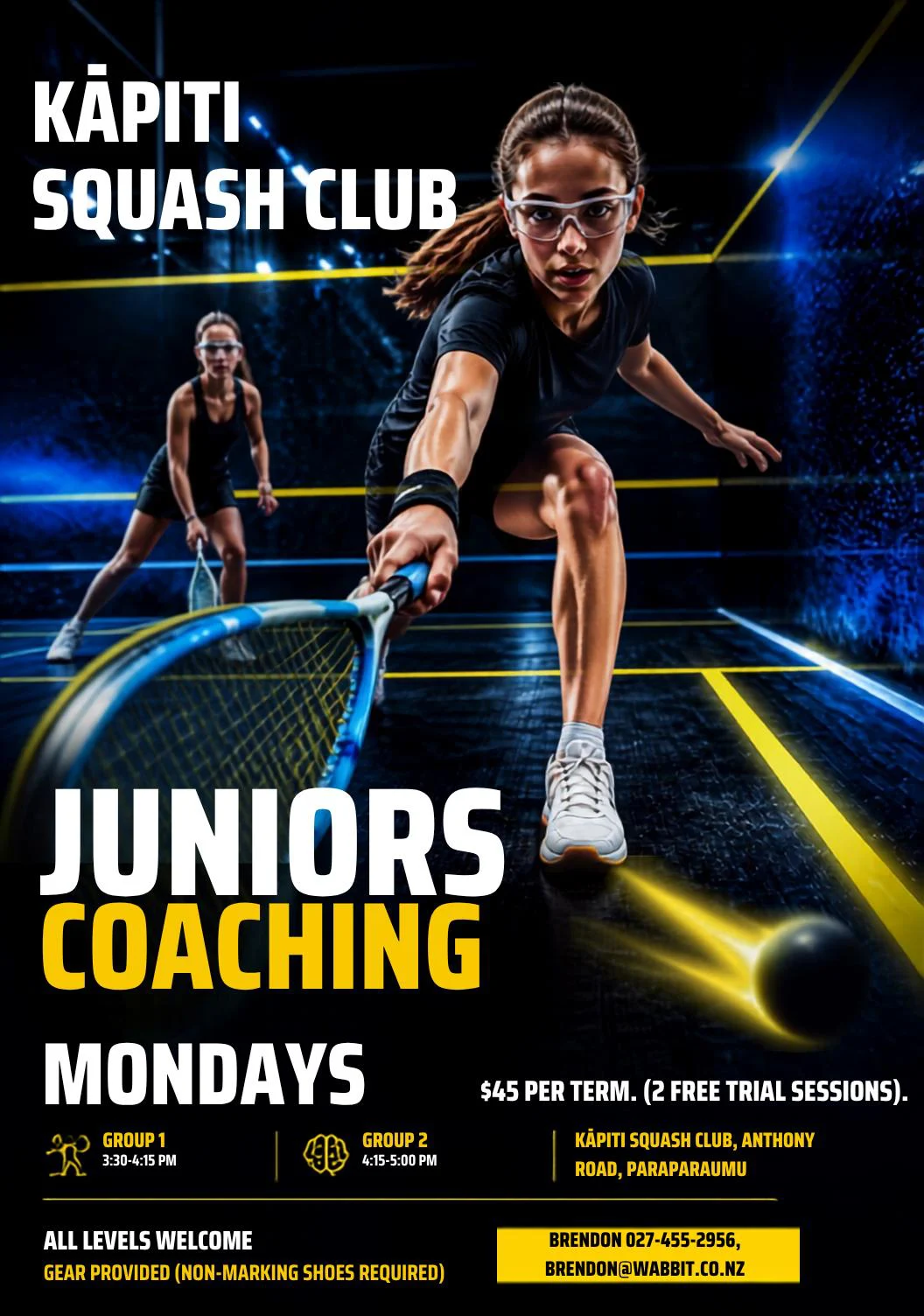 Kāpiti Squash Club junior coaching poster