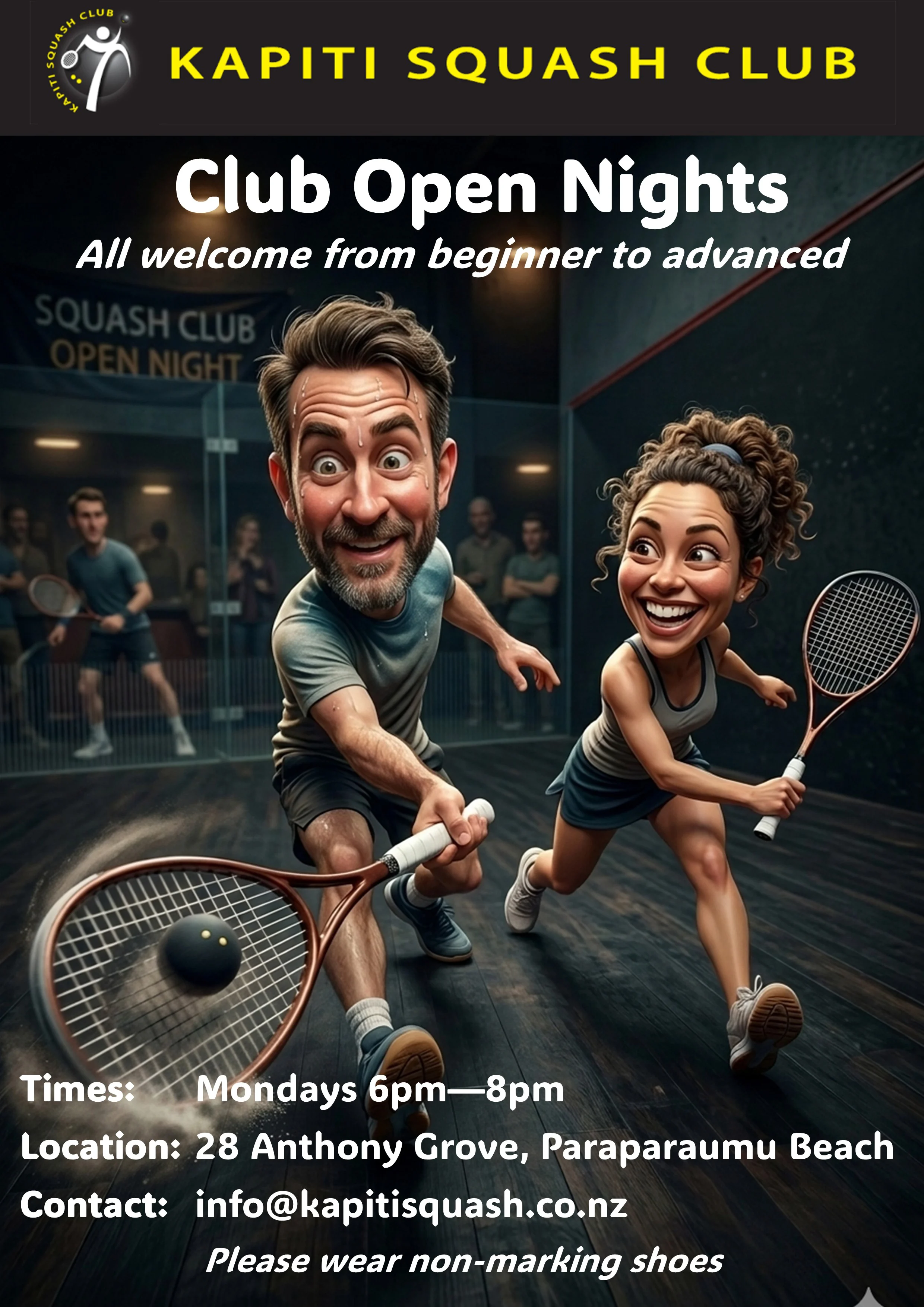 Kāpiti Squash Club open nights poster for Mondays from 6pm to 8pm