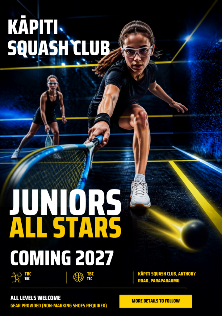 AI created image of a poster advertising junior all stars at Kapiti Squash Club showing a young lady leaning forward with a squash racket to get her shot.